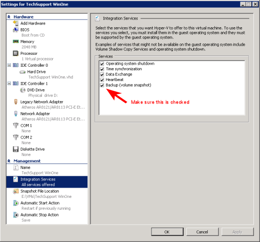 VSS Hyper-V backup integration service